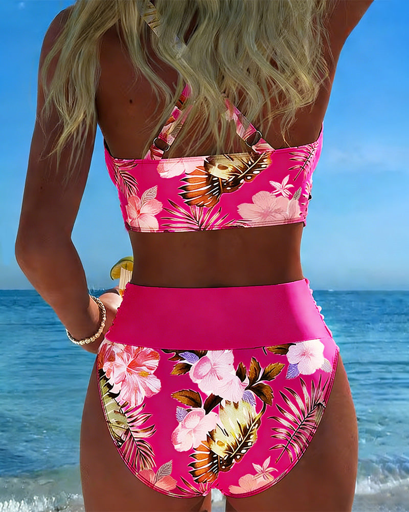 Bikini Contrast Floral Pattern Split