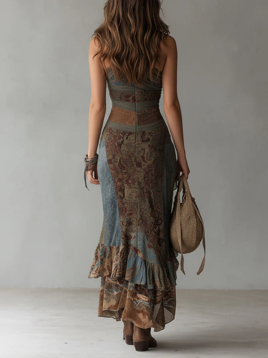 Elena | Printed Maxi Dress with One Shoulder and Ruffled Slit