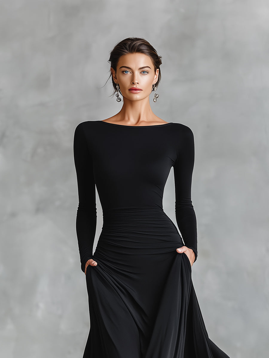 Ruched Boat-Neck Maxi Dress