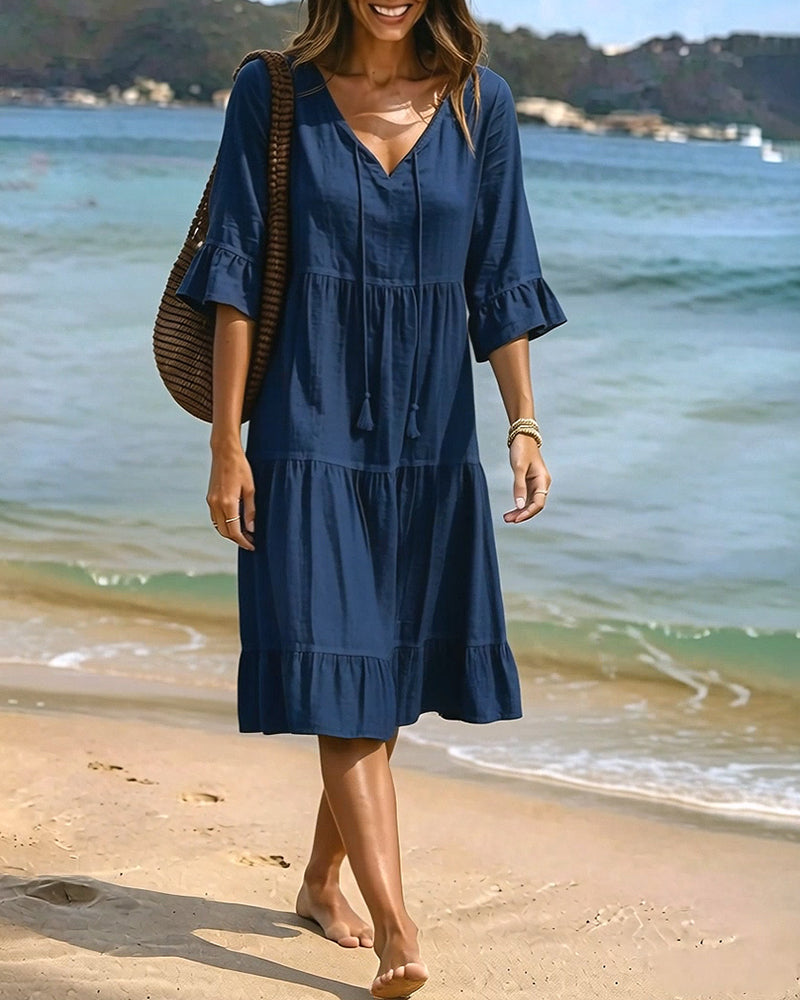 Flared Dress with Half Sleeves and Waist Tie