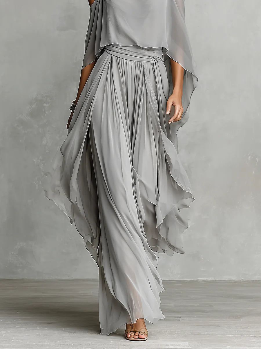 Isabella - Set consisting of a fluid gray tank top with exposed shoulders and chiffon pants
