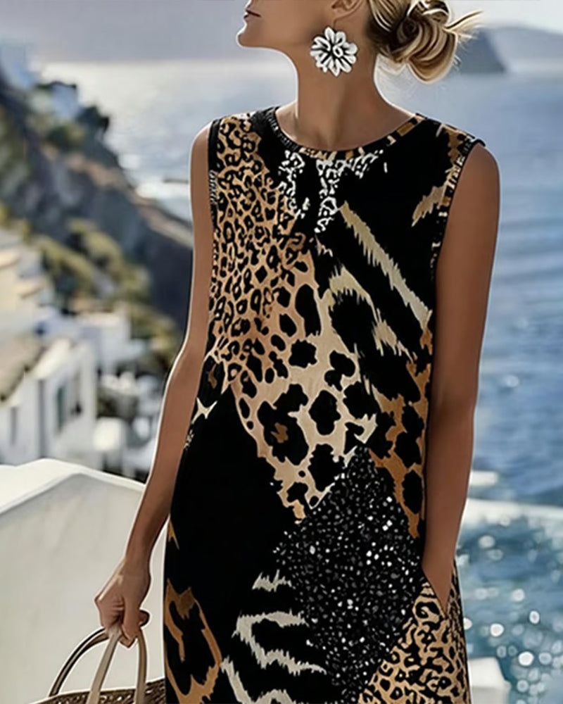 Marisol | Sleeveless Midi Dress - Leopard Patchwork