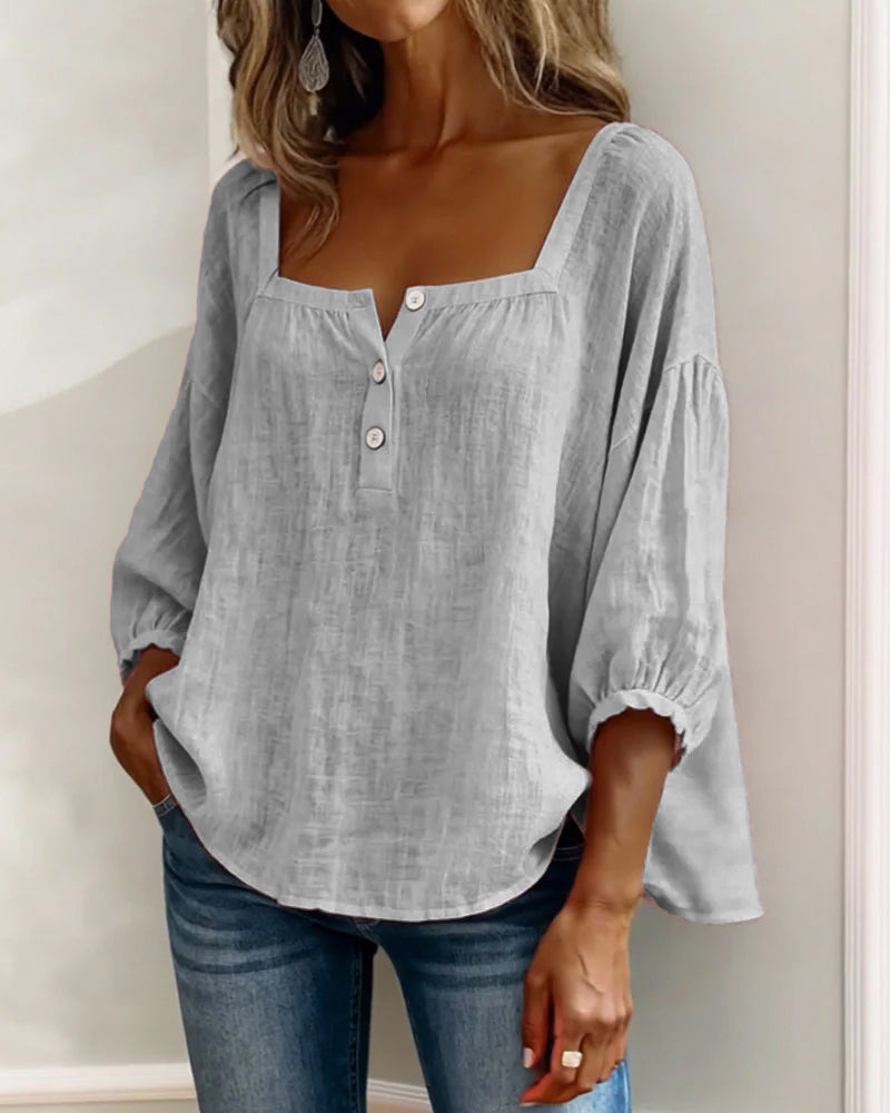 Harper | Cotton-Linen Square Collar Blouse