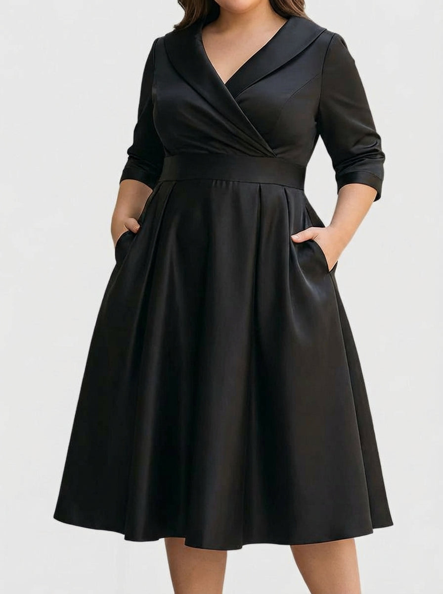 Lydia | Wrap-Collar Satin A-Line Midi Dress