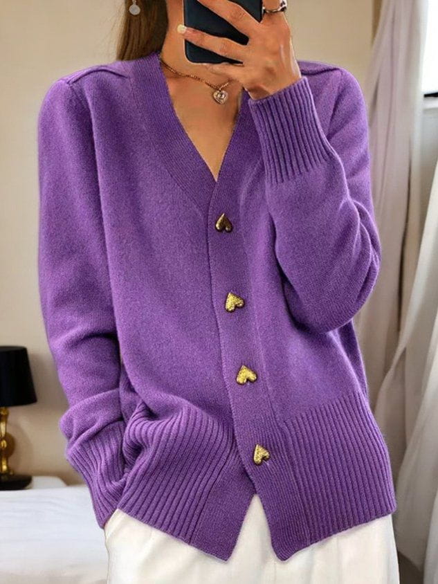 Women’s Heart-Button Knit Cardigan – Elegant V-Neck Layer for Everyday Styling
