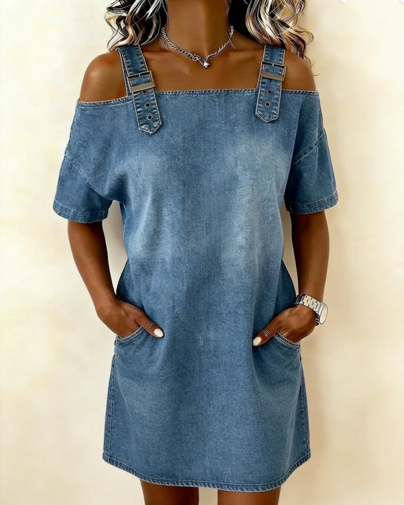 Buttoned Denim Off-Shoulder Dress