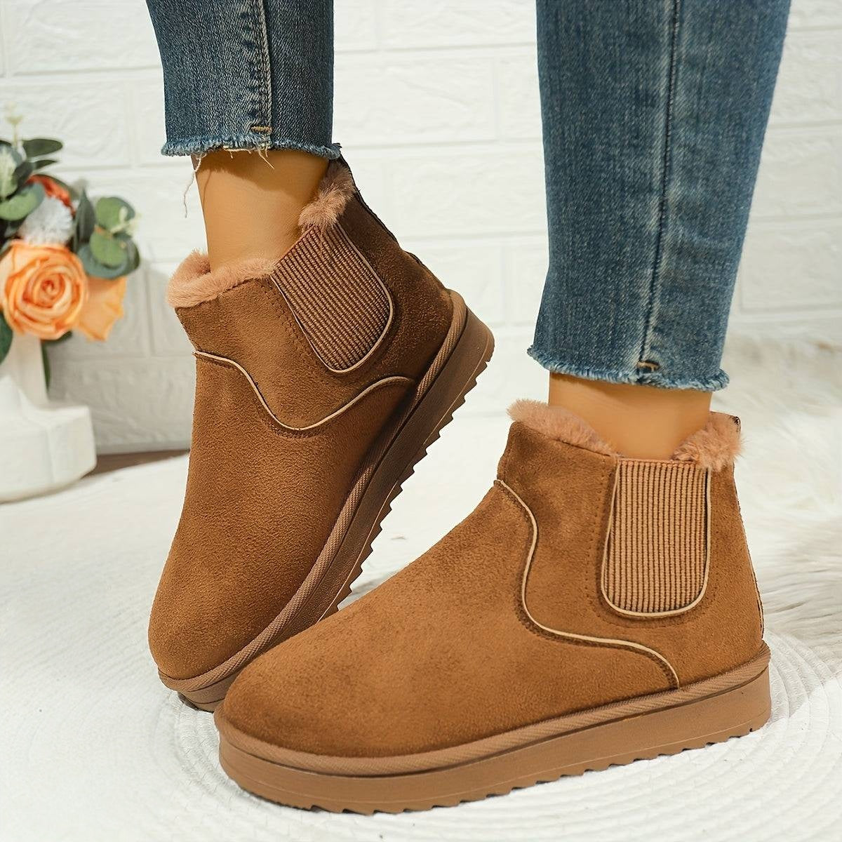 Platform Ankle Boots with Elastic Side Panels and Plush Lining, Textured Grip Sole