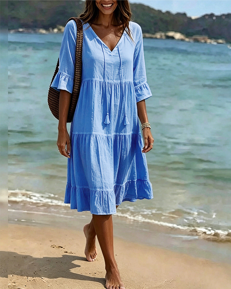 Flared Dress with Half Sleeves and Waist Tie