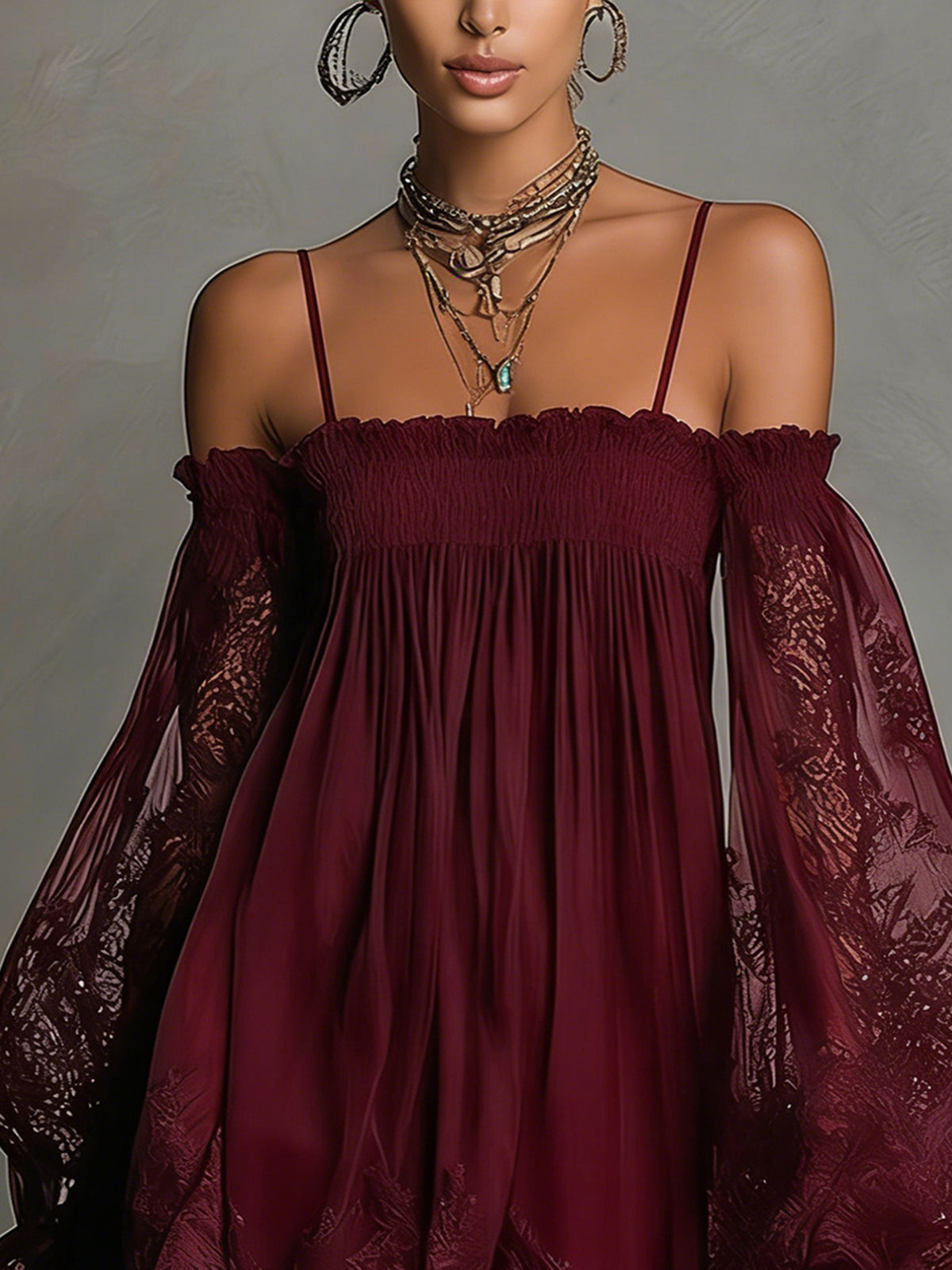 Noemi | Mini dress in navy blue chiffon with off-the-shoulder neckline, lace trim, and sheer sleeves
