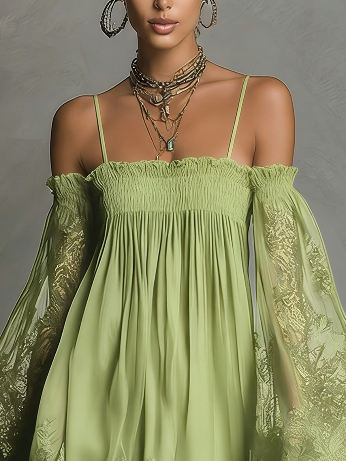 Noemi - Navy blue chiffon mini dress with off-the-shoulder neckline, lace trim, and sheer sleeves