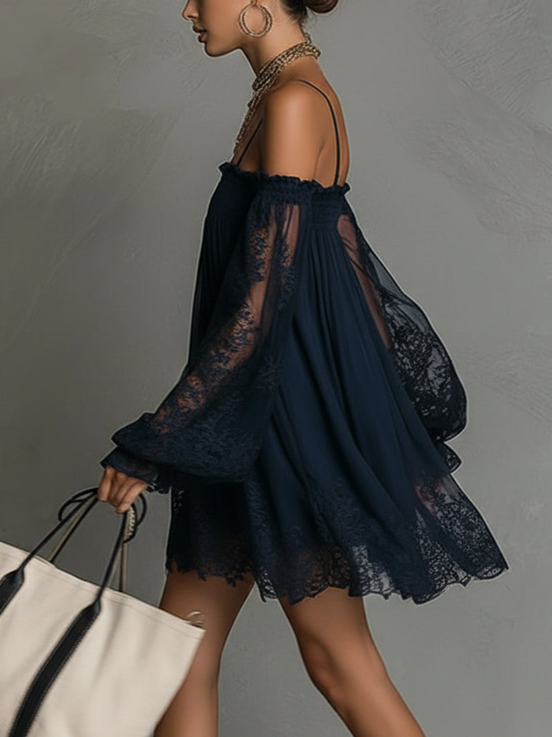 Noemi - Navy blue chiffon mini dress with off-the-shoulder neckline, lace trim, and sheer sleeves