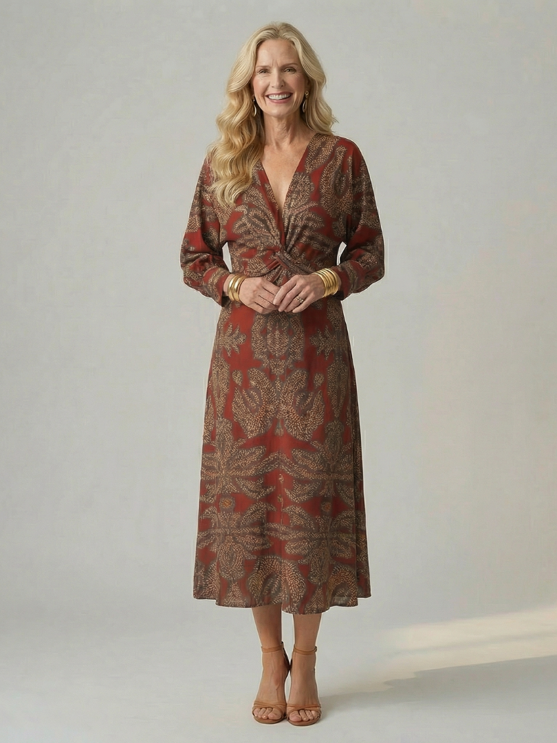 Long-Sleeve Wrap Midi Dress