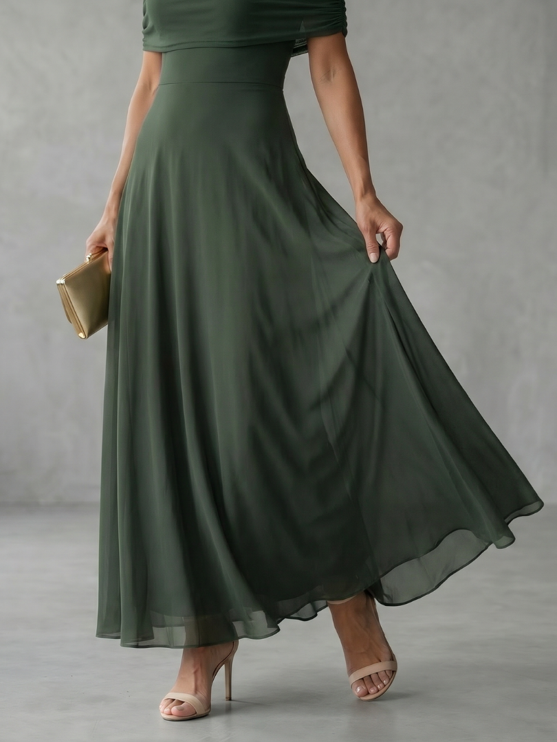 Aubrey | Off-Shoulder Midi Dress with Sheer Overlay