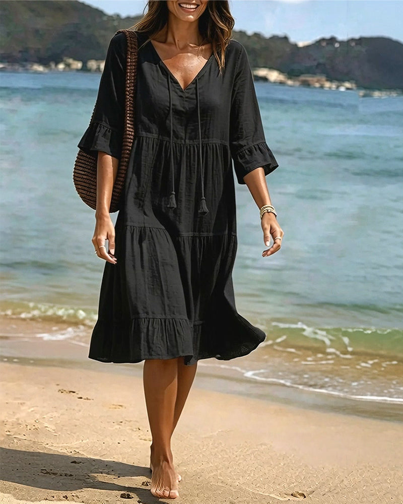 Flared Dress with Half Sleeves and Waist Tie