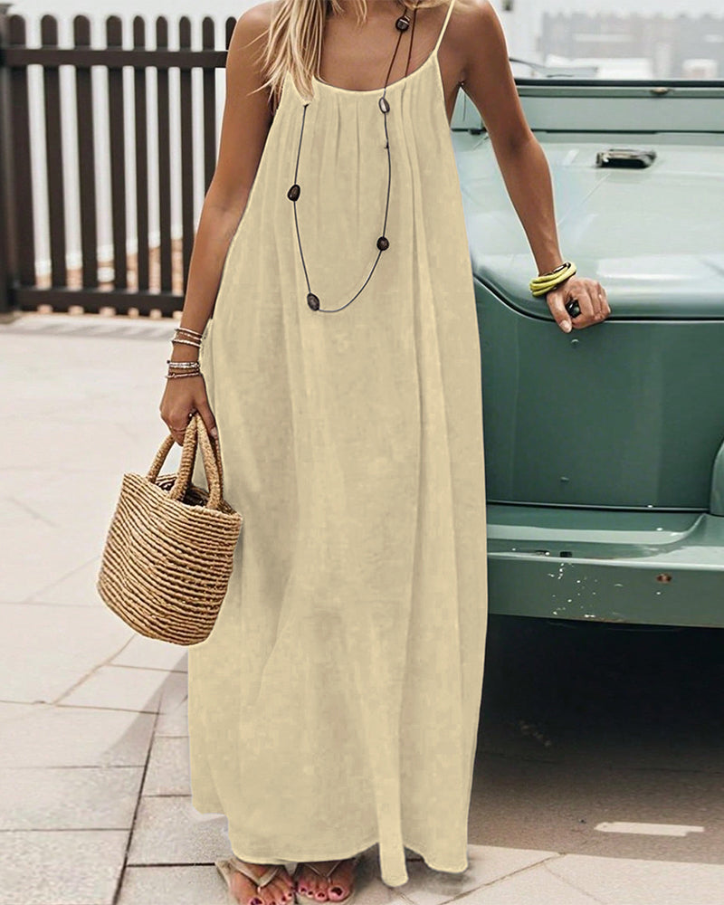 Solid Color Pleated Backless Spaghetti Strap Maxi Dress