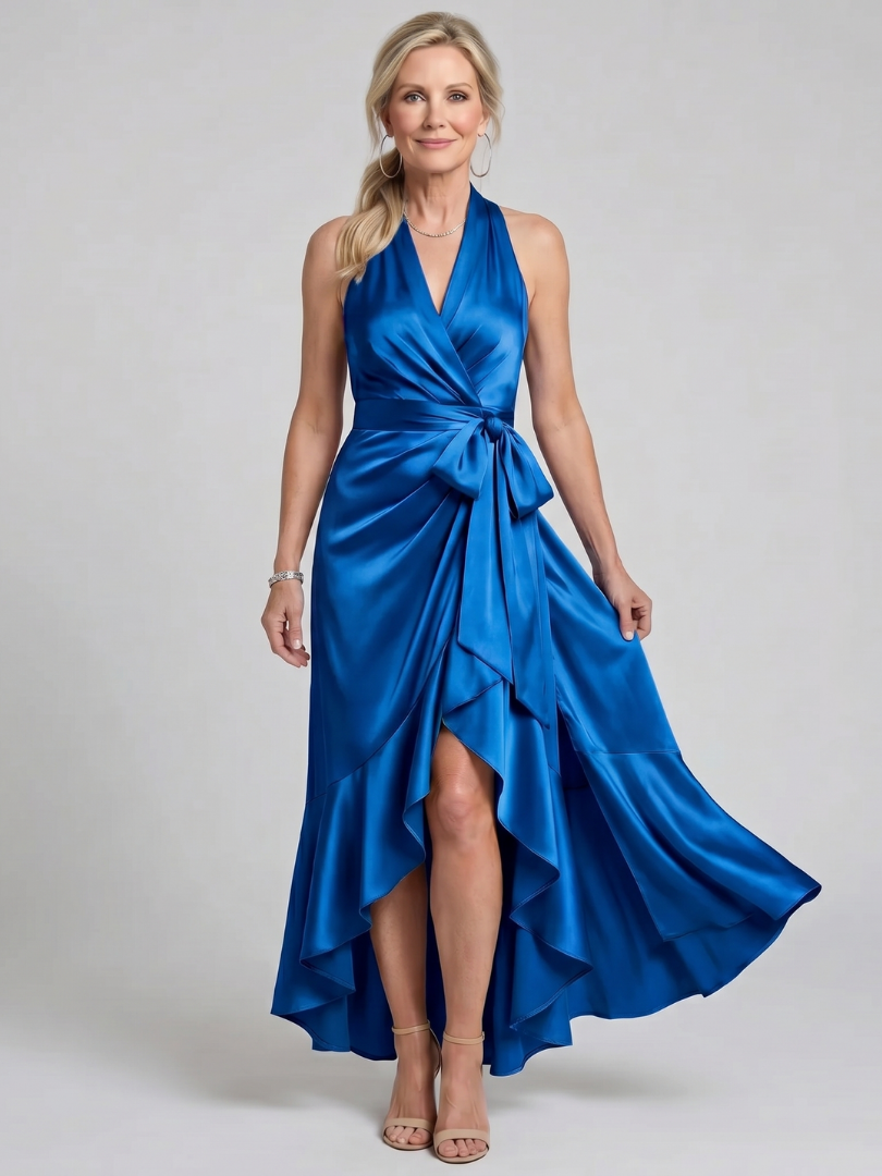 Halter Wrap Asymmetric Hem Midi Dress