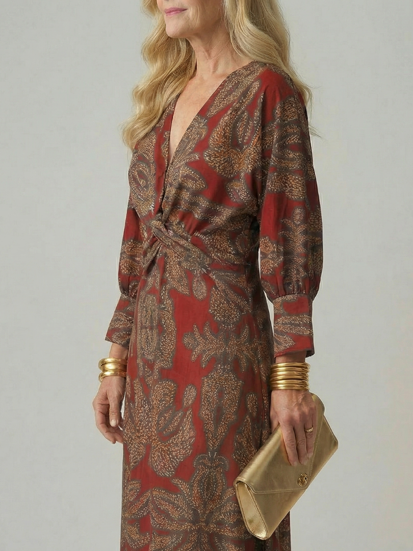 Long-Sleeve Wrap Midi Dress