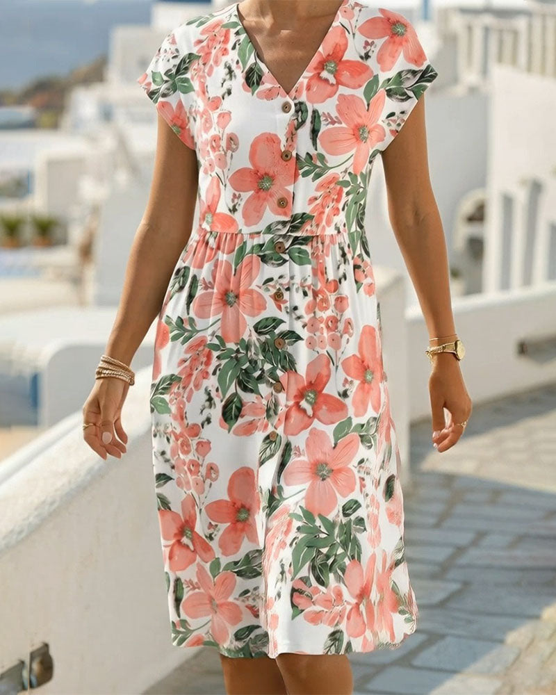 Floral Print V-Neck Short Sleeve Dress