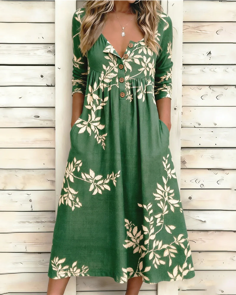 Botanical Print Buttoned Ruffled Dress
