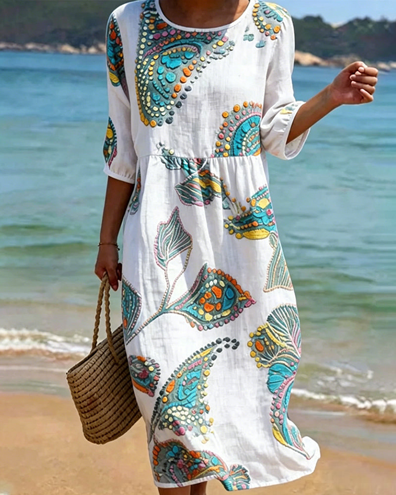 Printed Round Neck Gathered Casual Dress