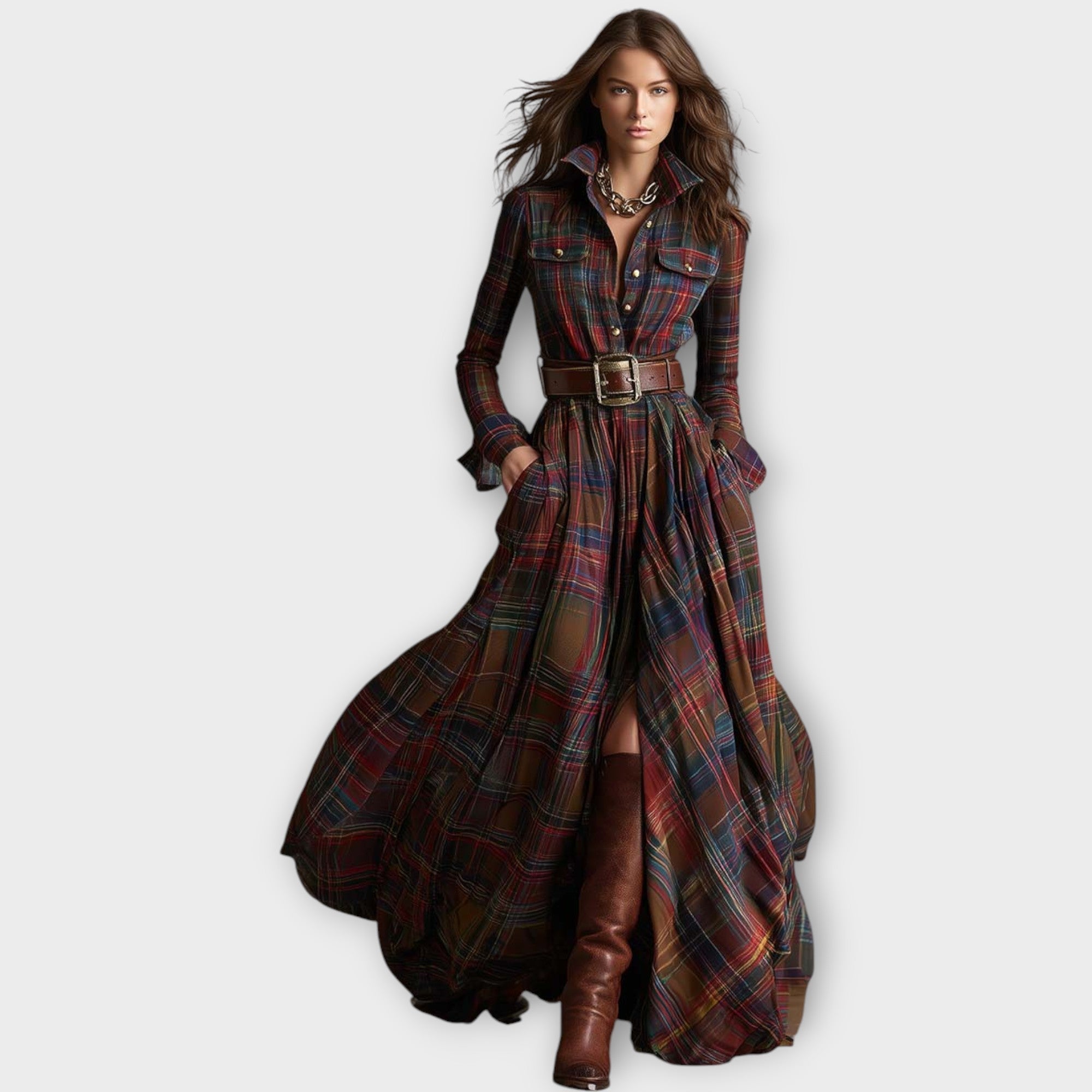 Nora | Plaid Maxi Dress with Button-Down Collar