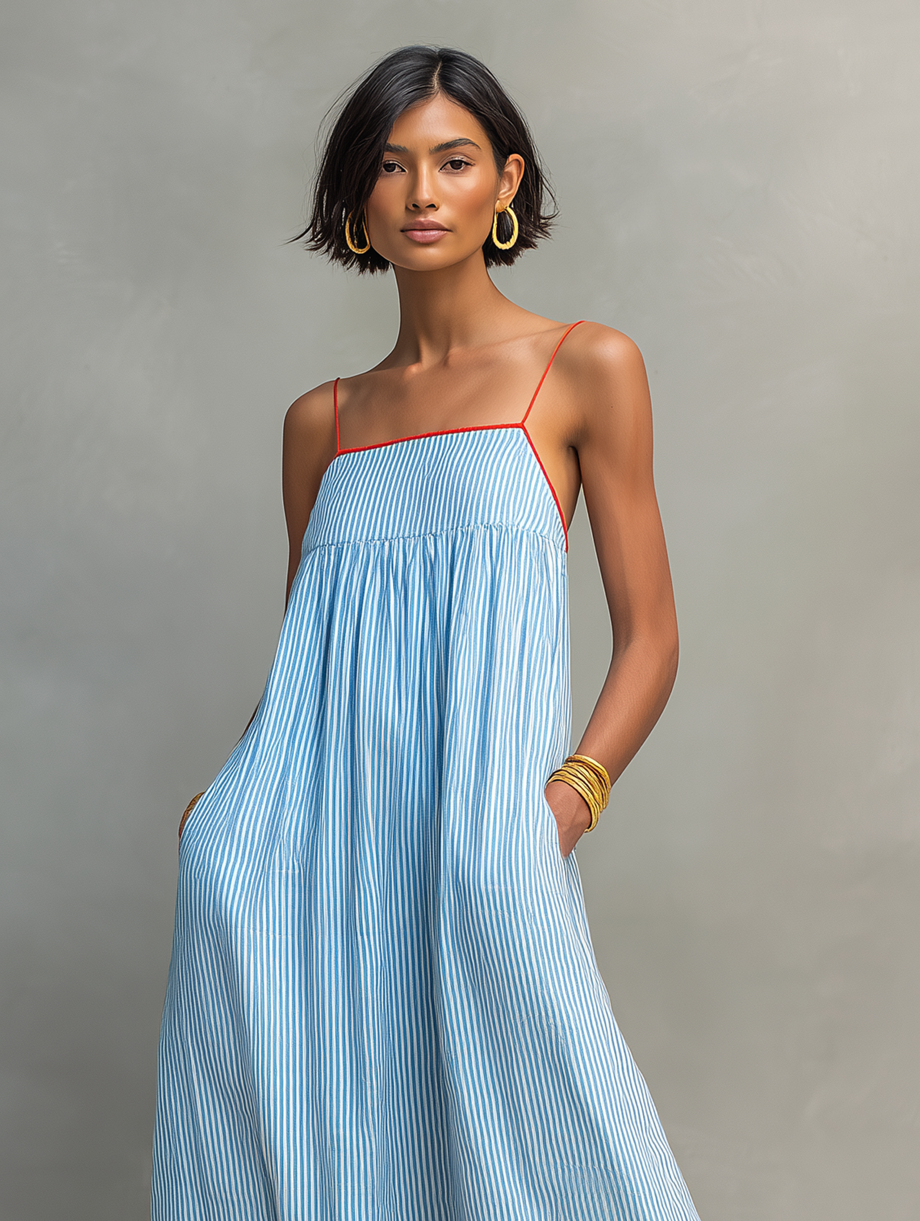 Monica | Striped Maxi Dress with Red Trim