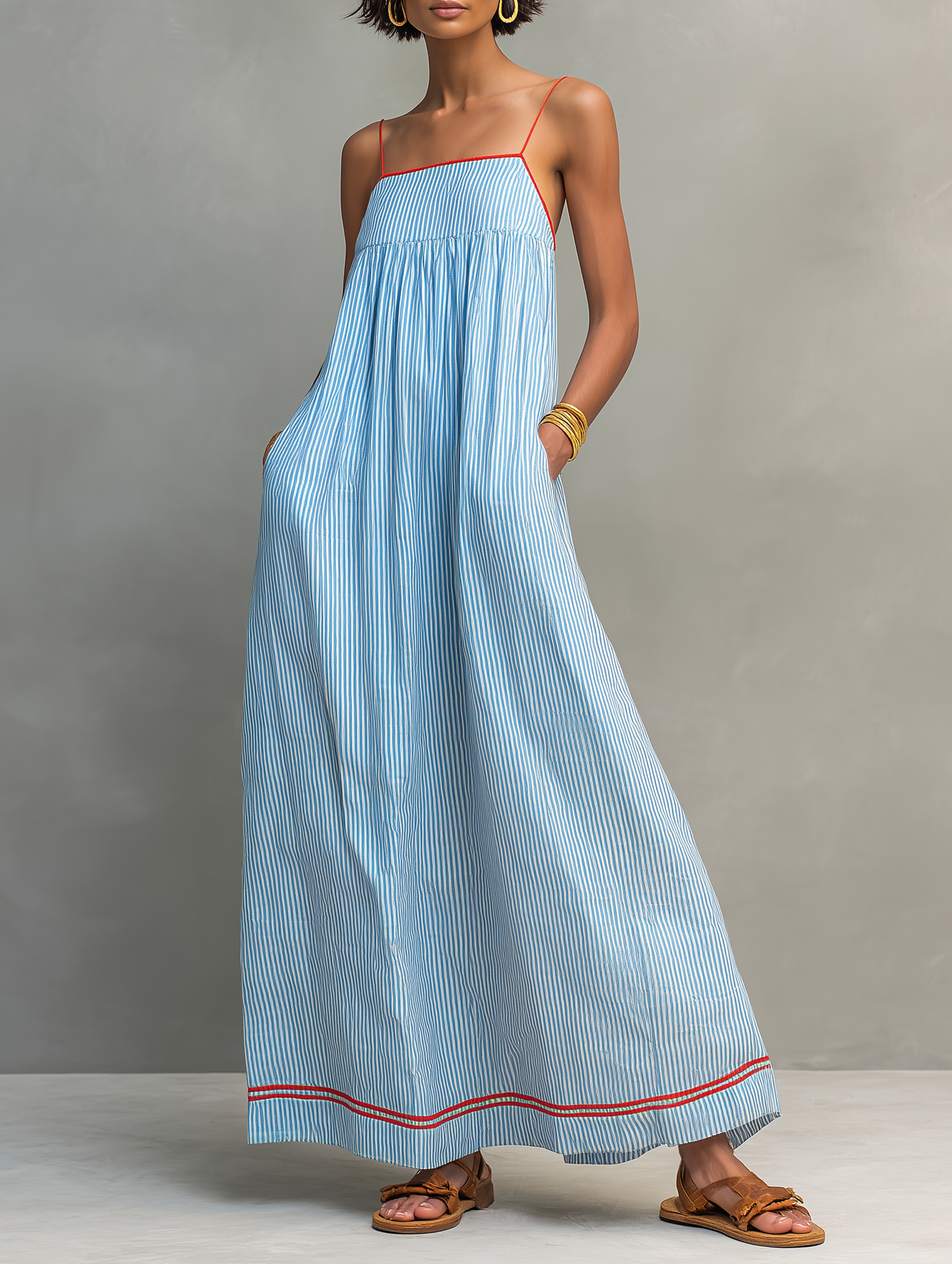 Monica | Striped Maxi Dress with Red Trim