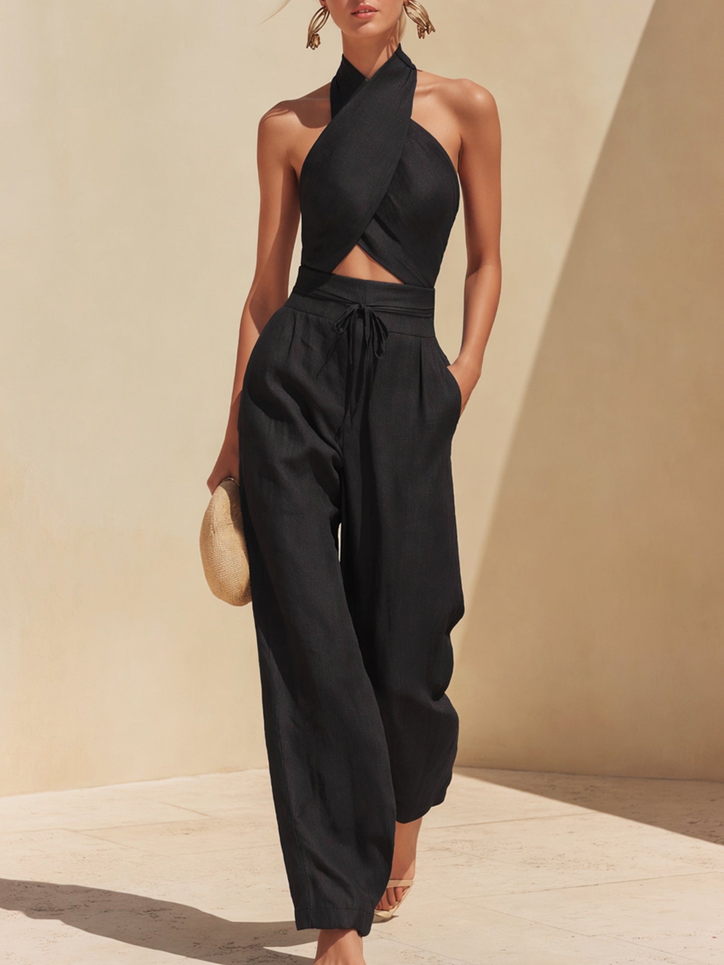 Marisol | Linen-Blend Halter Crop Top & Wide-Leg Pants Set