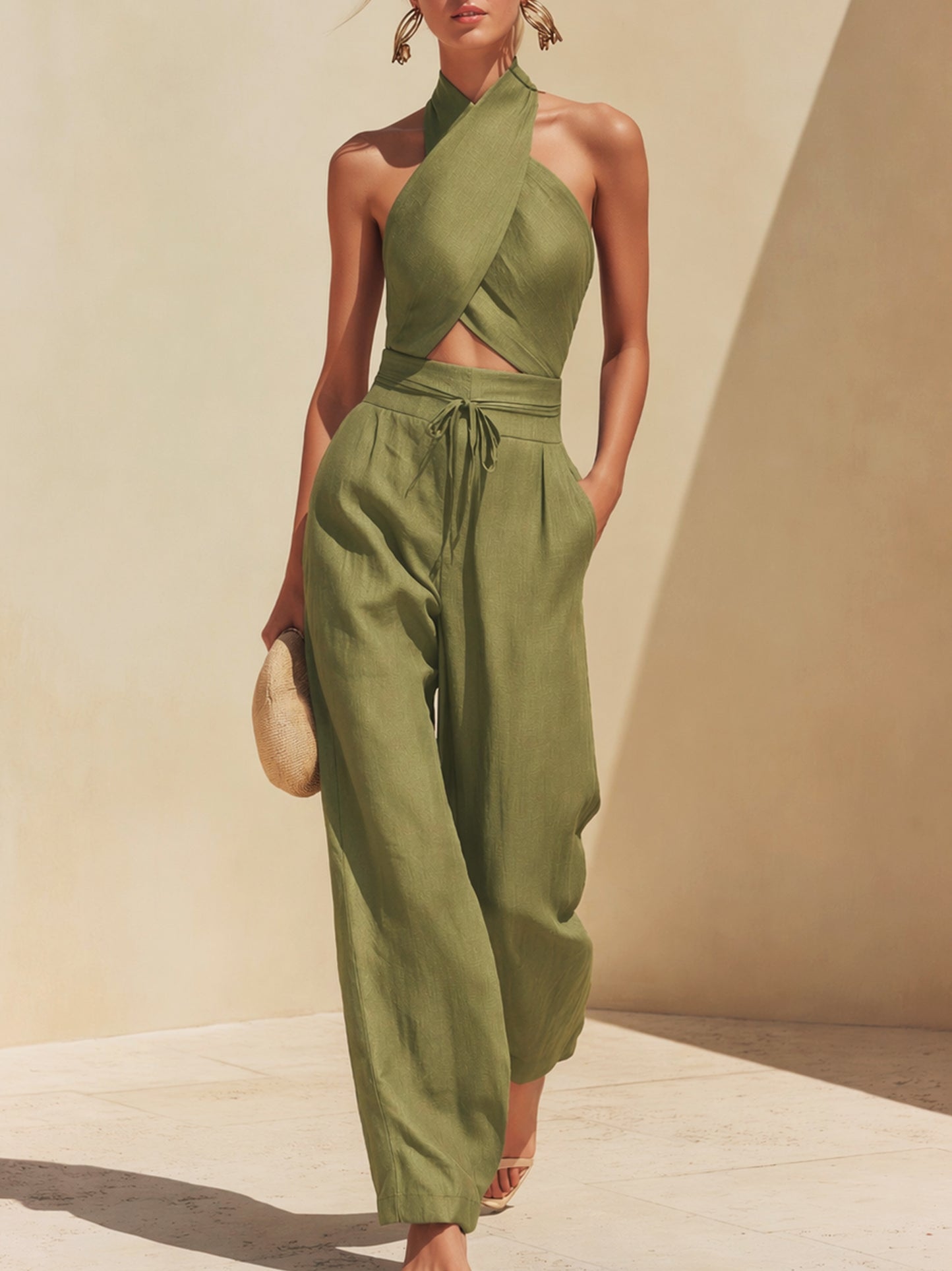 Marisol | Linen-Blend Halter Crop Top & Wide-Leg Pants Set