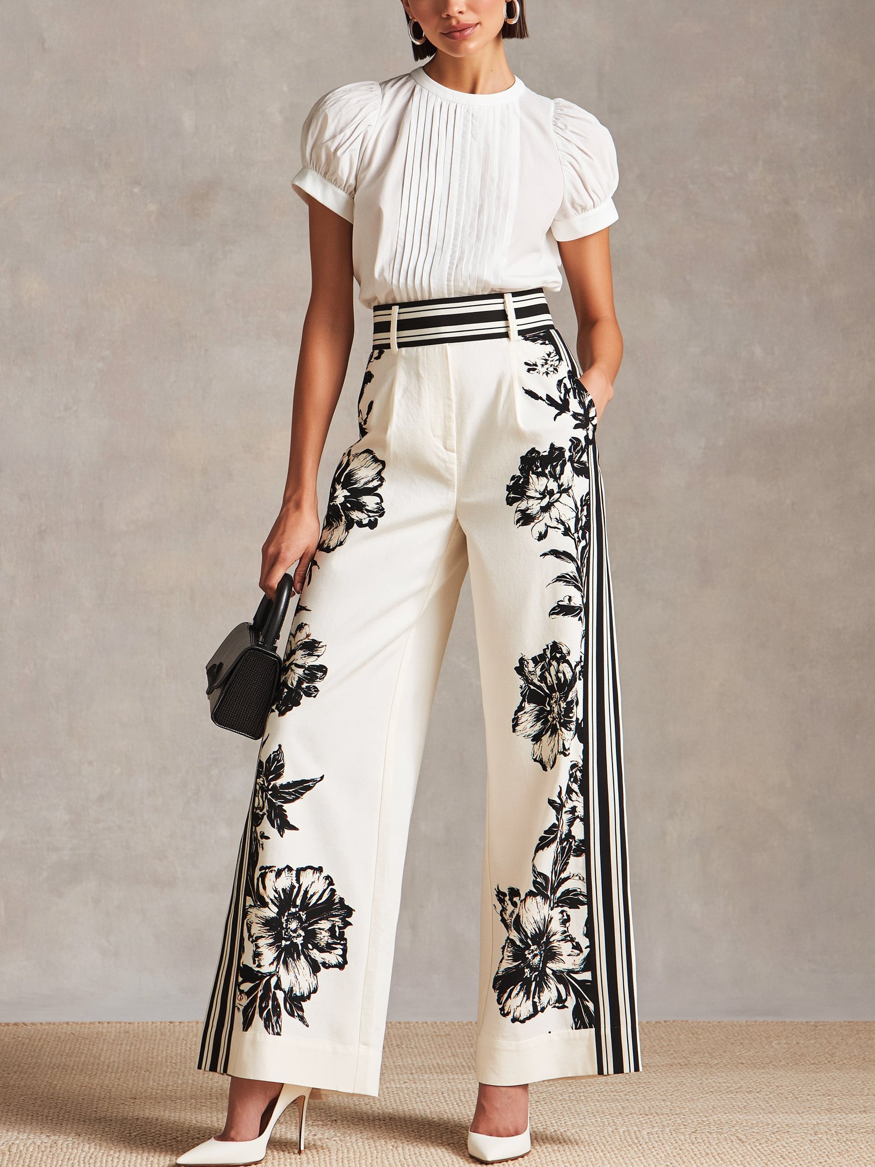 Camila | Chiffon Pleated Blouse & Floral Wide-Leg Pants Set