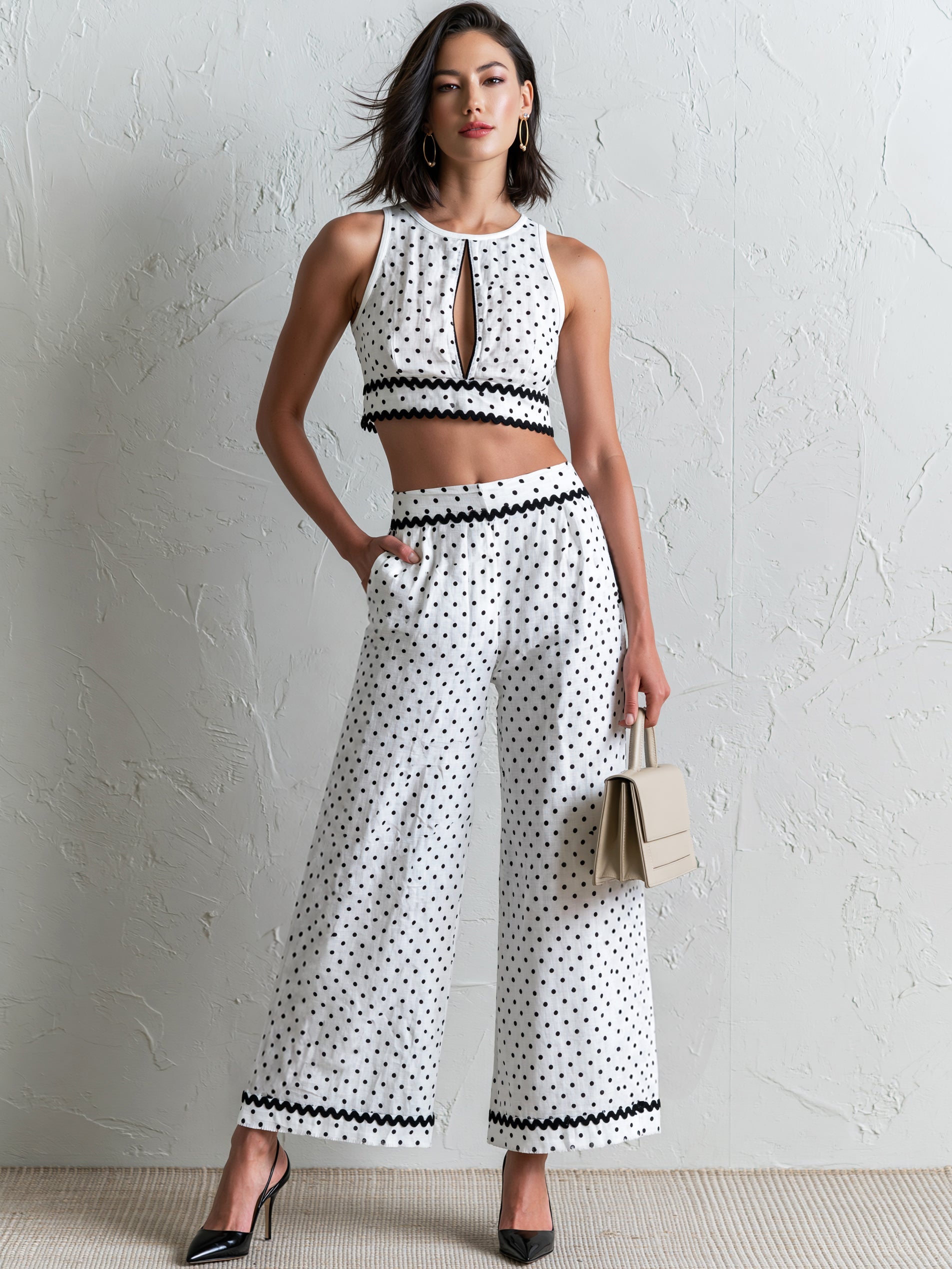 Sierra | Polka Dot Co-Ord Linen-Blend Crop Top & Wide-Leg Trousers