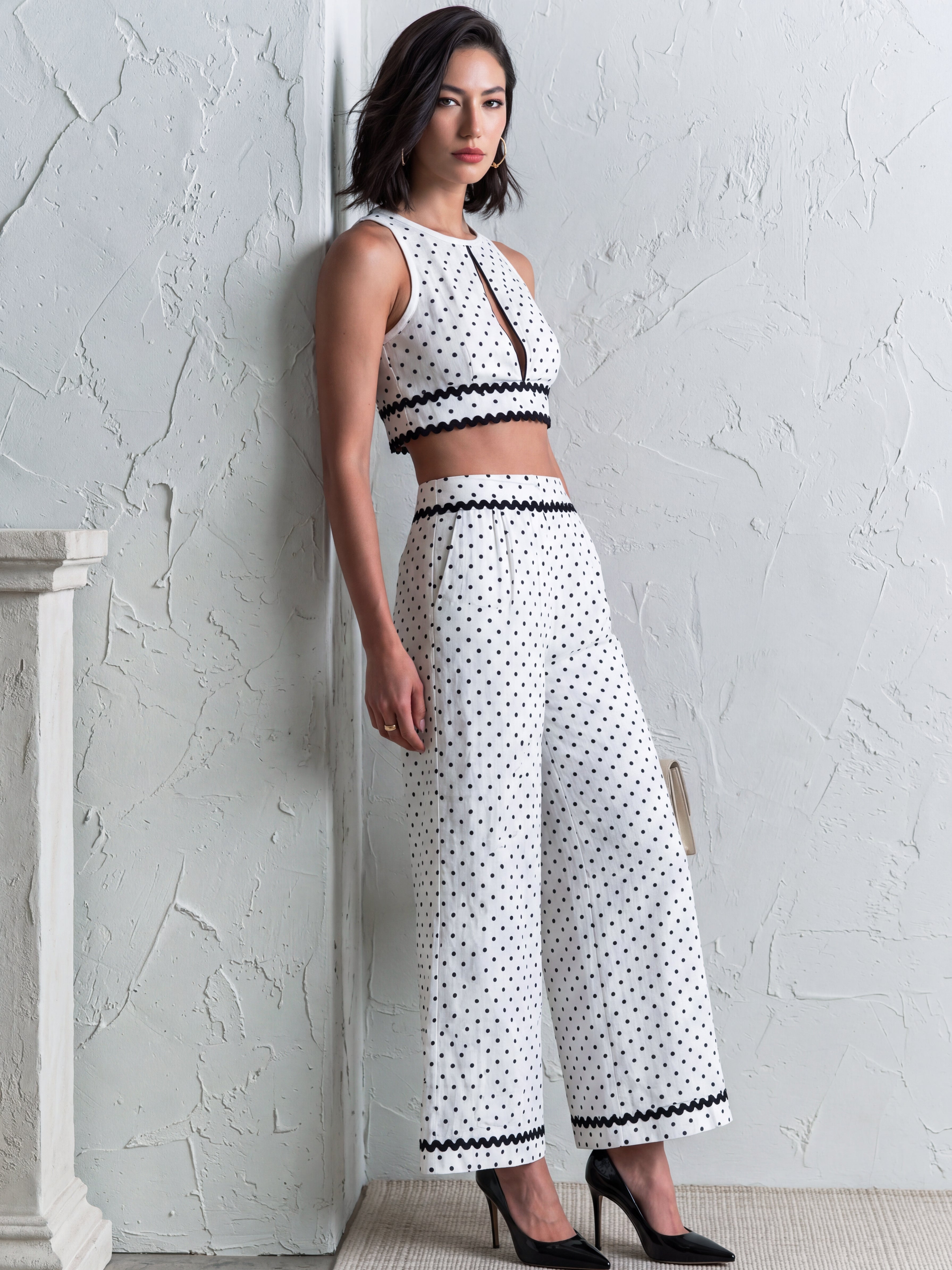 Sierra | Polka Dot Co-Ord Linen-Blend Crop Top & Wide-Leg Trousers