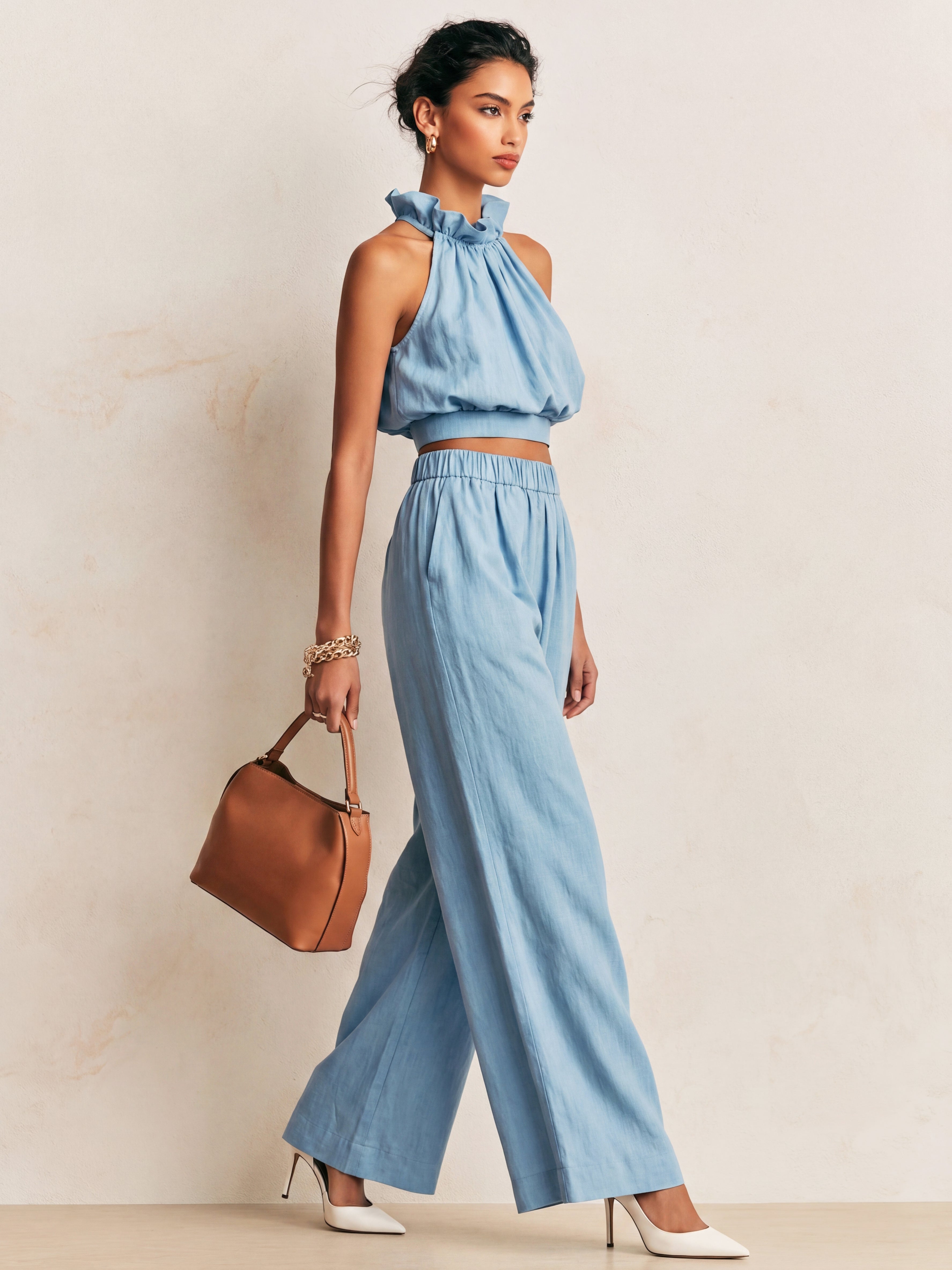 Sierra | Ruffled Halter Top & Linen-Blend Wide-Leg Set
