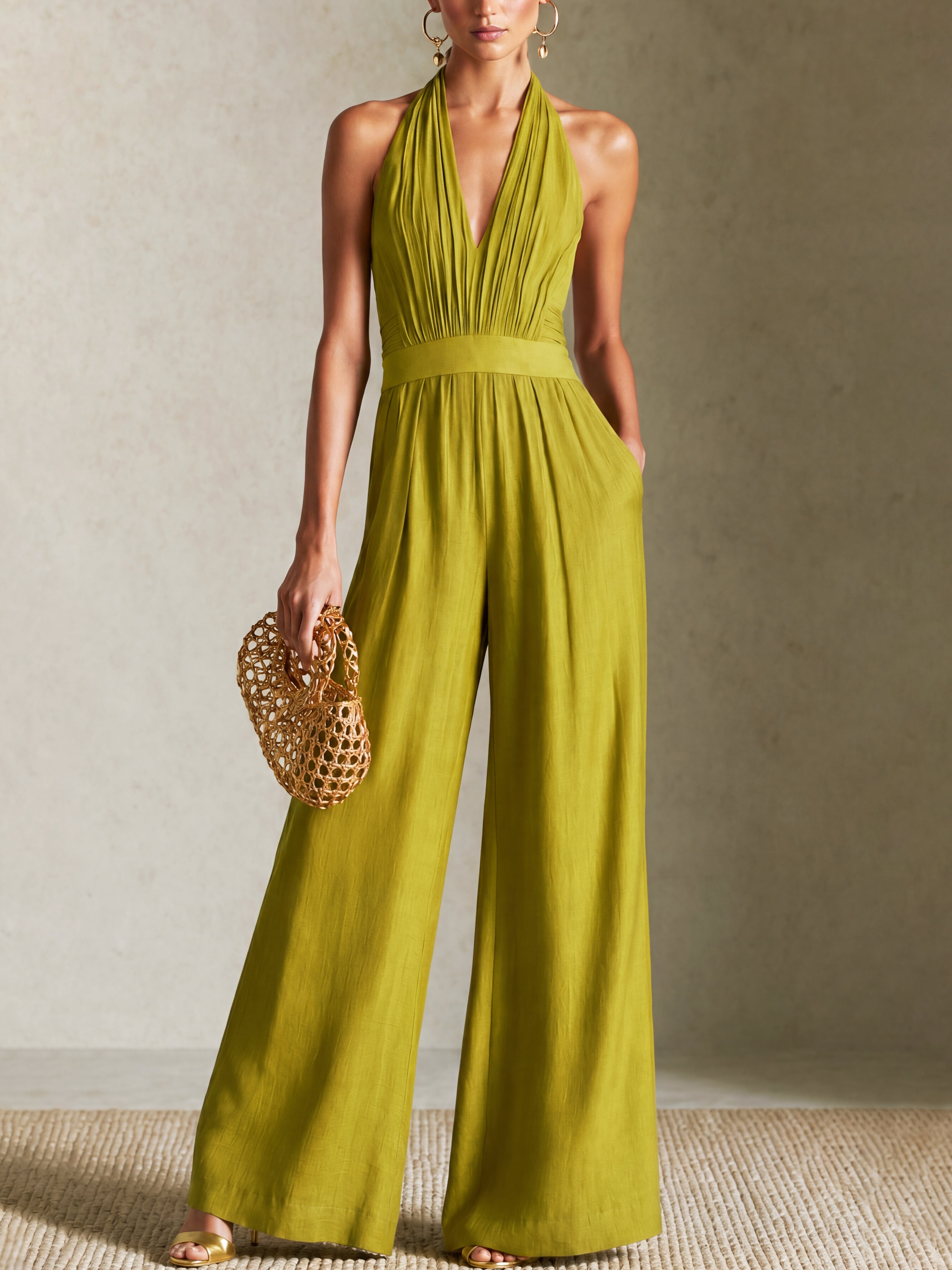 Aisha | Linen Halter-Neck Wide-Leg Jumpsuit