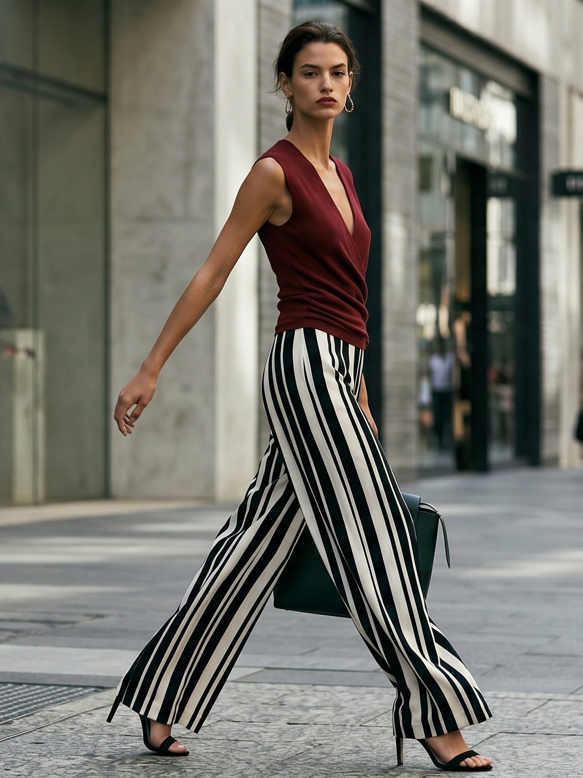 Jasmine | Wrap Knit Top & Striped Satin Wide-Leg Pants Set