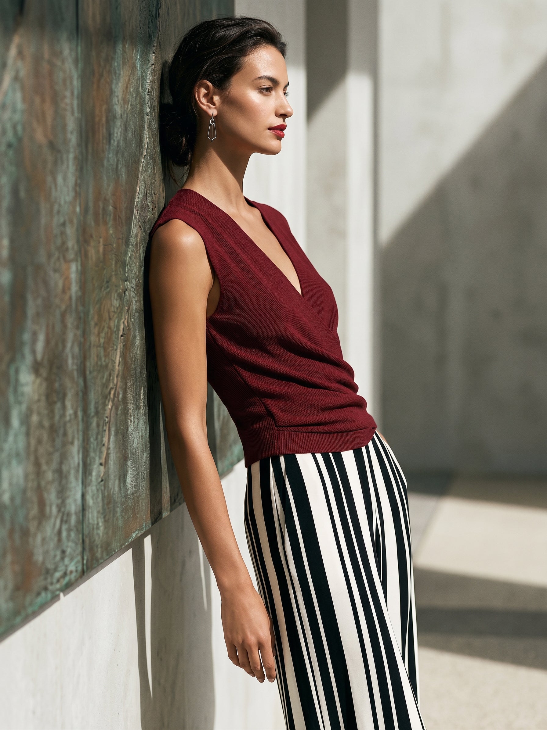 Jasmine | Wrap Knit Top & Striped Satin Wide-Leg Pants Set