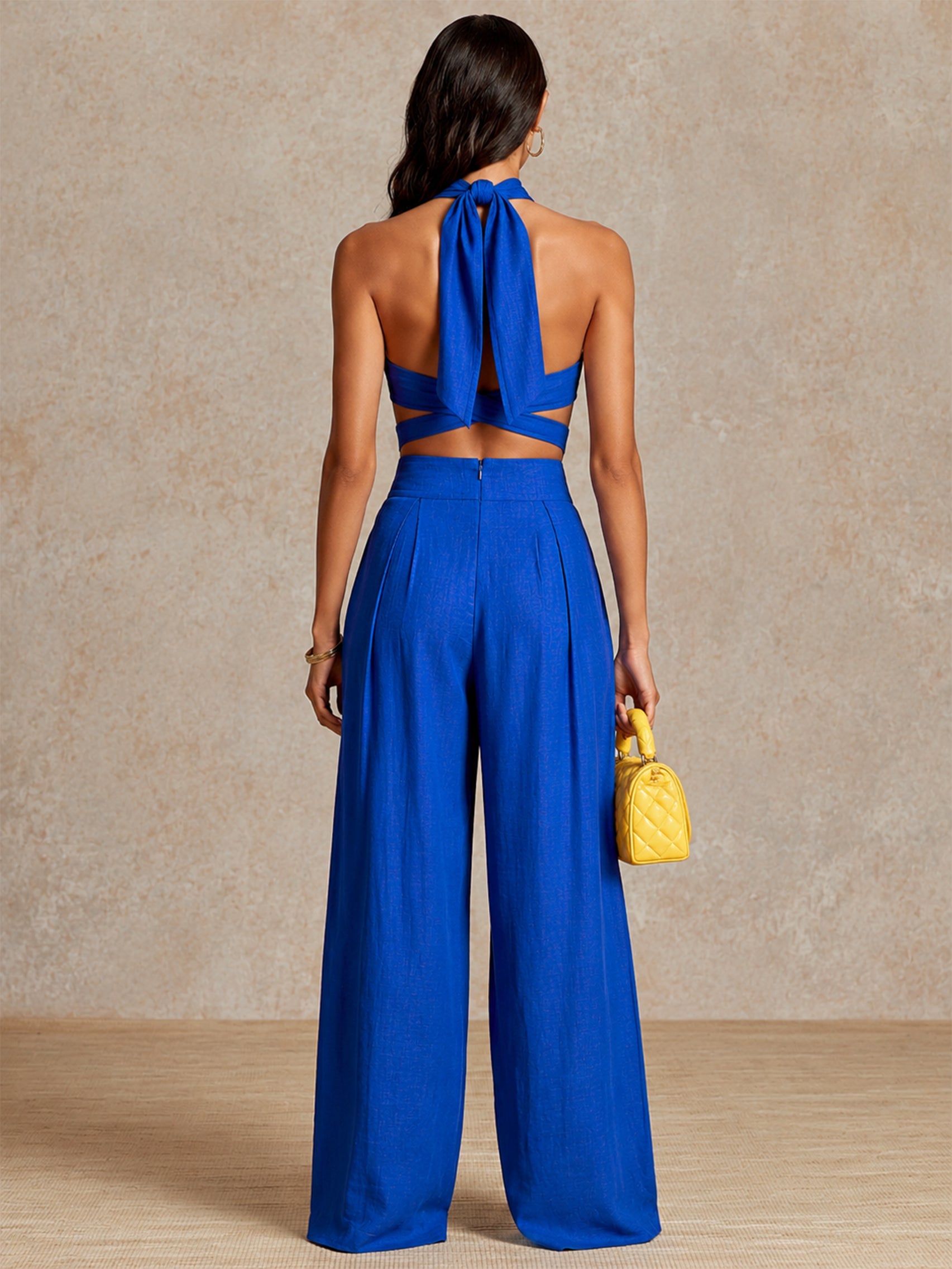 Maya | Linen Halter Crop Top & High-Waisted Wide-Leg Pants Set