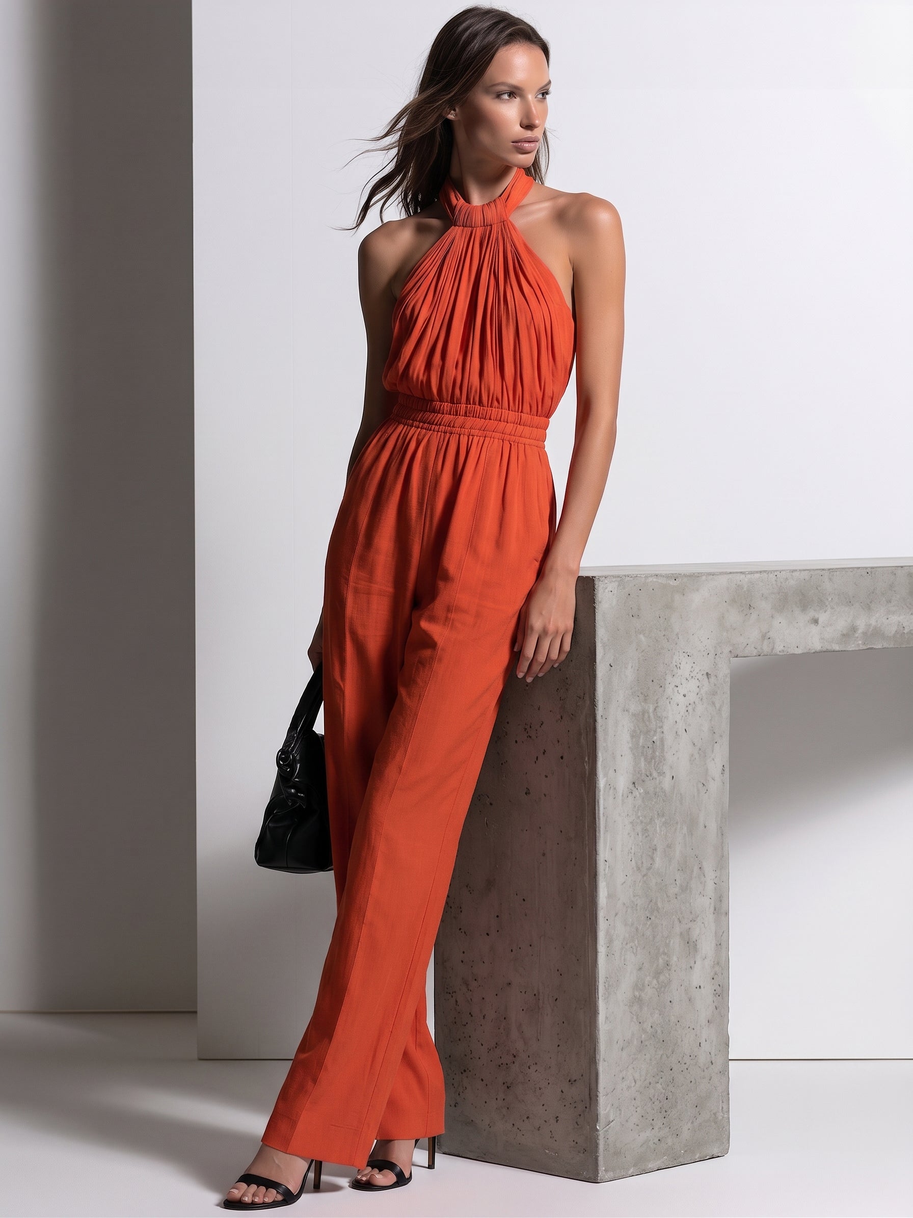 Maya | Linen-Cotton Pleated Halter Wide-Leg Jumpsuit