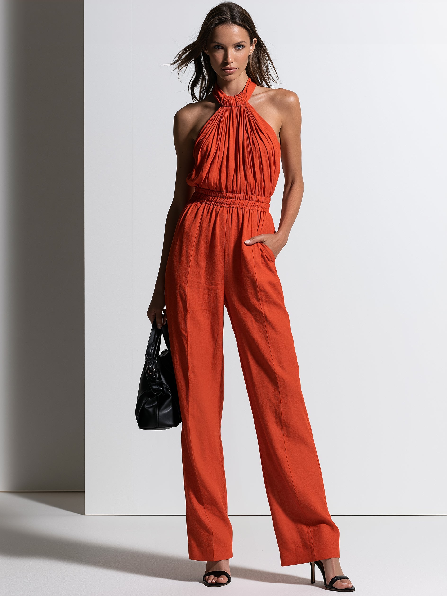 Maya | Linen-Cotton Pleated Halter Wide-Leg Jumpsuit