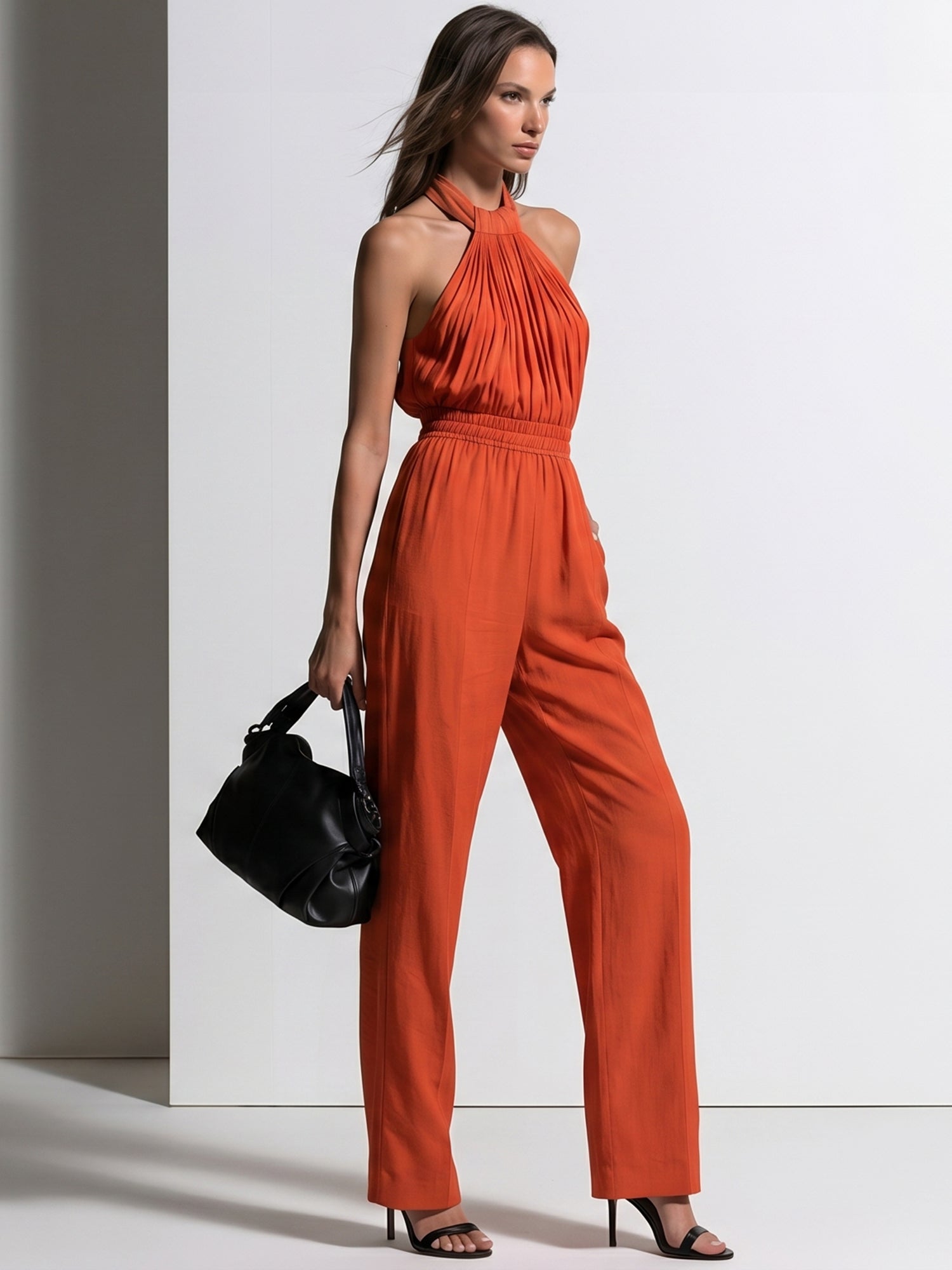 Maya | Linen-Cotton Pleated Halter Wide-Leg Jumpsuit