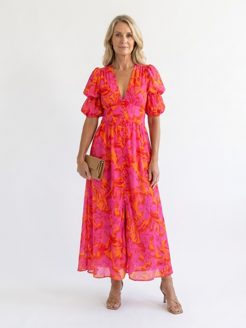 Floral V-Neck Puff-Sleeve Midi Dress