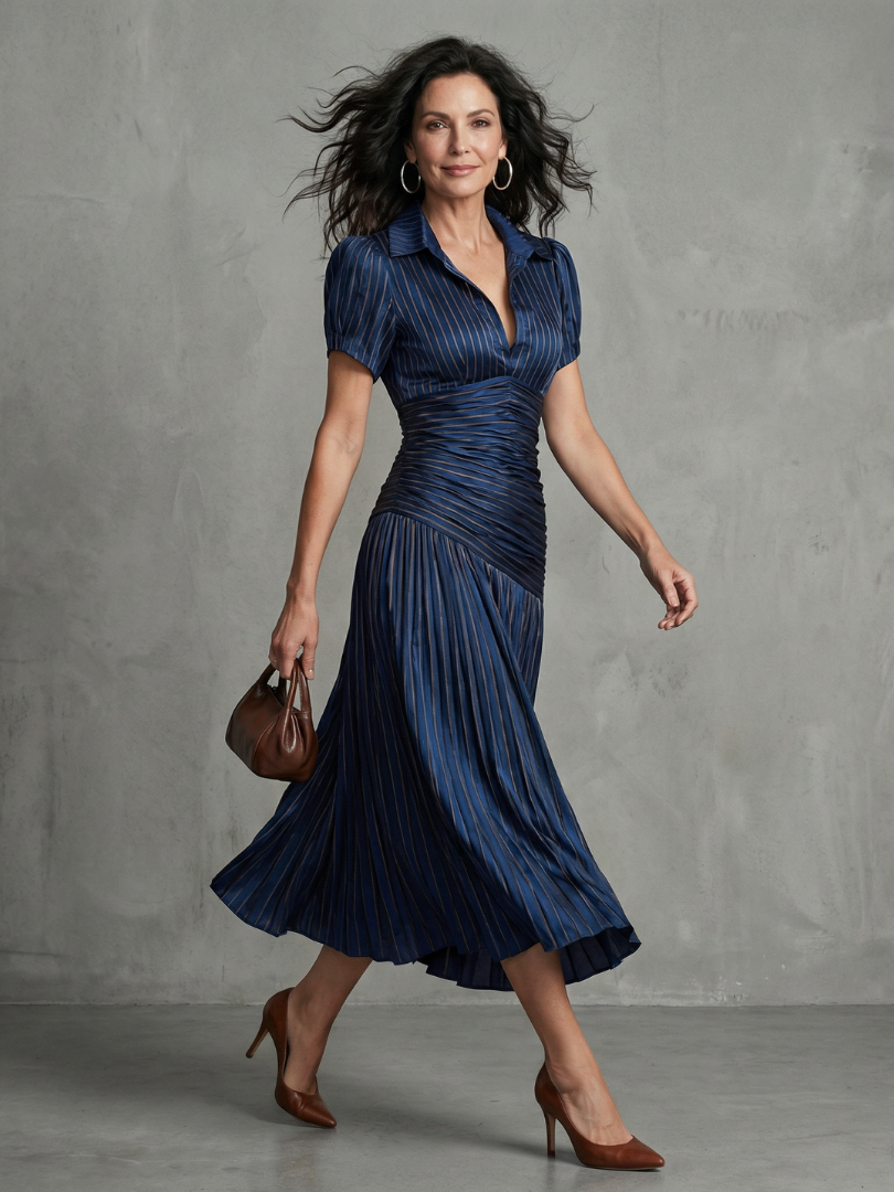 Striped Pleated-Waist Midi Dress