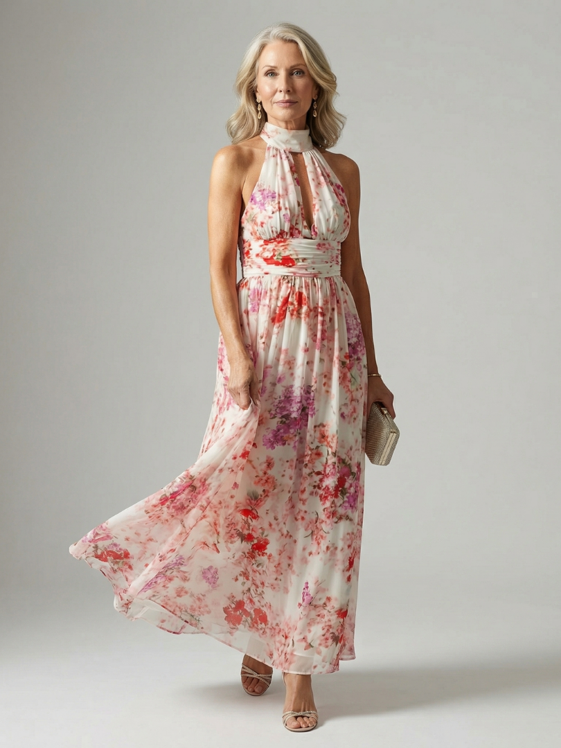 Lightweight Floral Halter Maxi Dress
