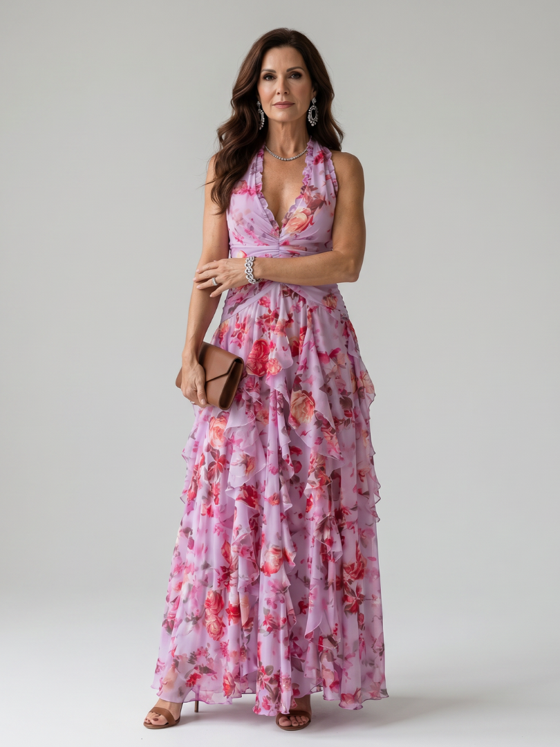 Floral Halter Ruched Bodice Maxi Dress