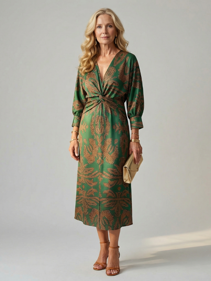 Long-Sleeve Wrap Midi Dress