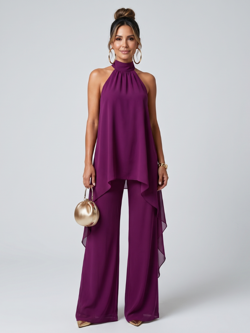 Asymmetric Halter Tunic and Wide-Leg Pants Set