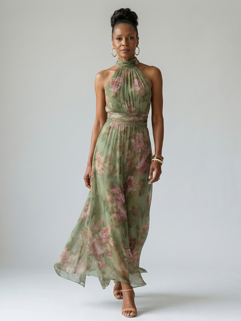 Floral Gathered Halter Midi Dress