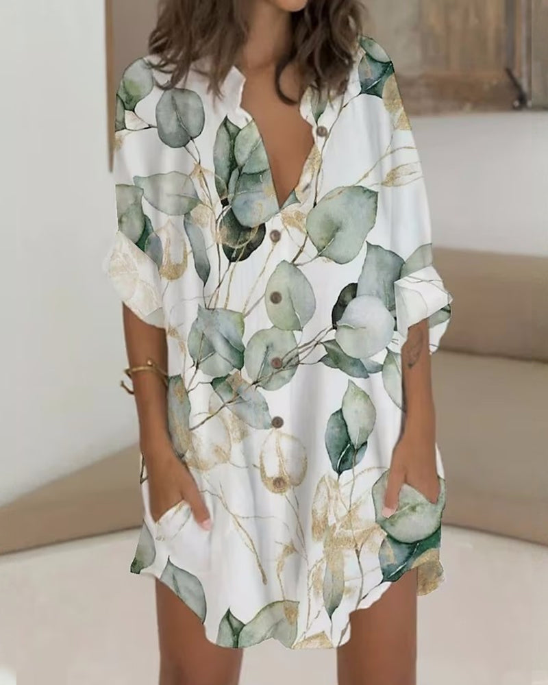 Buttoned Long Sleeve Dress with Pocket