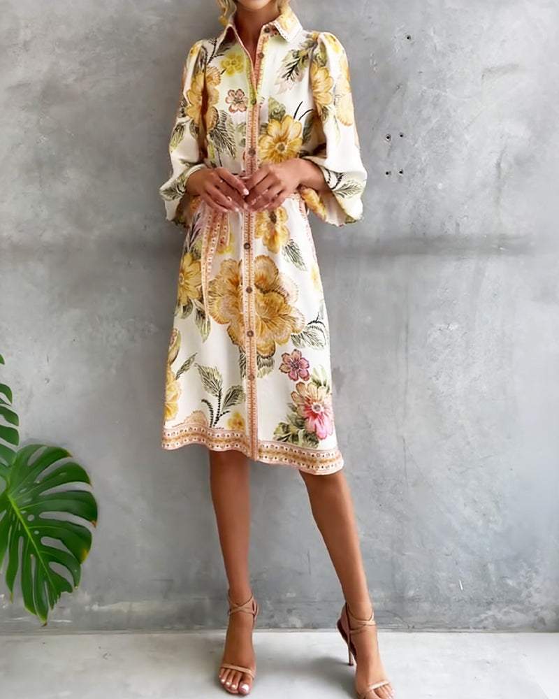 Lantern Sleeve Dress with Notched Collar Print