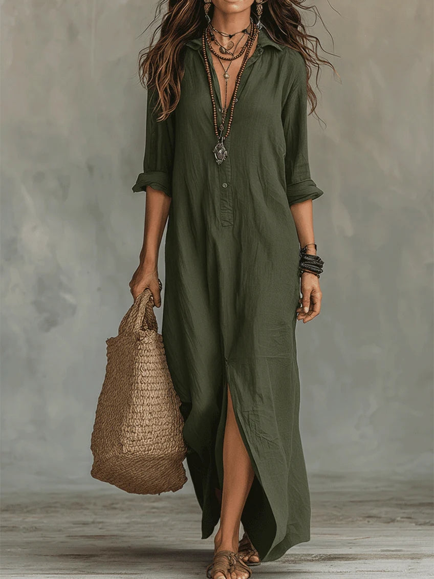 Soline™ | Black Wide Maxi Dress with Buttons